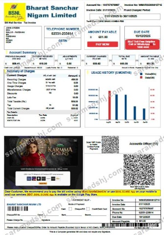 India Bharat Sanchar Nigam Limited utility bill template in Word and PDF formats, version 3